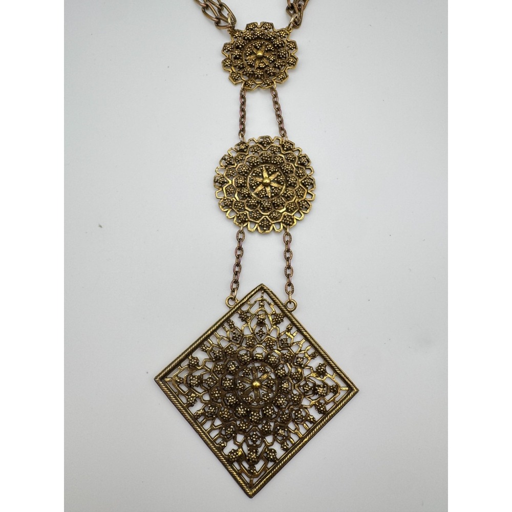 Vintage Etruscan Revival Necklace Ornate Gold Tone Filigree Geometric Statement